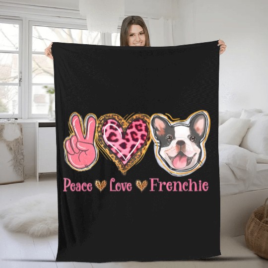 Leopard Peace Love Frenchie Funny Dog Mom Mothers Fleece Blankets