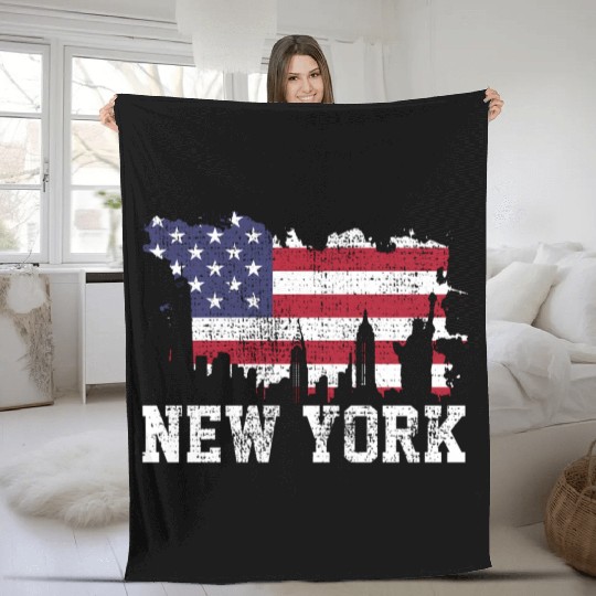 New York City Nyc Skyline Usa Flag America Fleece Blankets