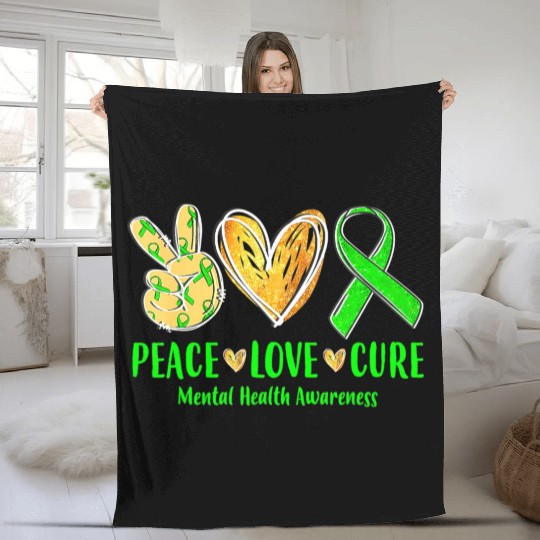 Peace Love Cure Mental Health Awareness Green Ribb Fleece Blankets