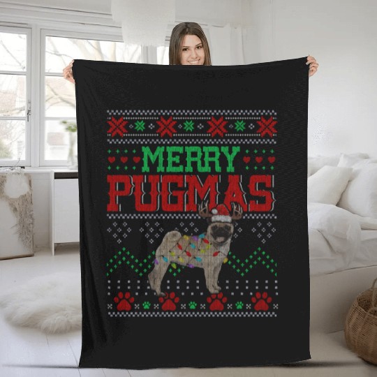 Merry Pugmas Santa Reindeer Pug Farmer Fleece Blankets