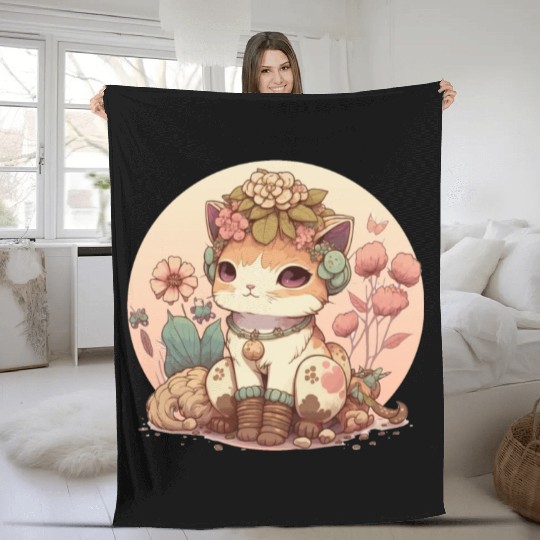 Cottagecore Cute Baby Cat Kitten Flower Anime Sola Fleece Blankets