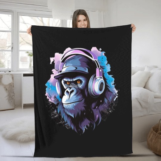 Gorilla with Headphones Music Monkey Fleece Blankets