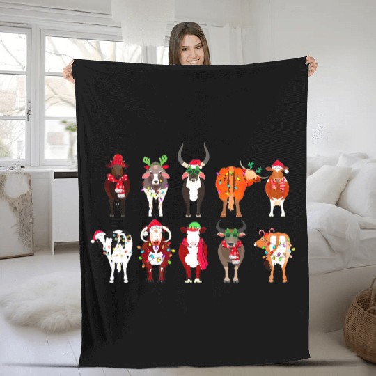 Christmas Cows Farmer Heifer Bull Highland Cow Fleece Blankets