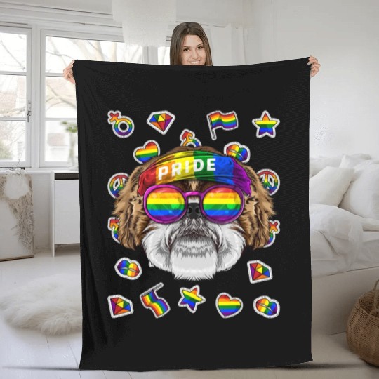 Lgbt Shih Tzu Gay Pride Month Dog Rainbow Lesbian Fleece Blankets