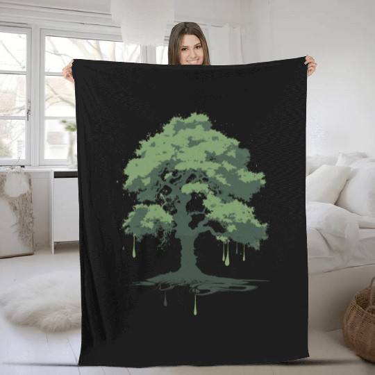 A green oak tree ink drawing Fleece Blankets