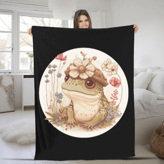 Cottagecore Cute Frog Toad Flower Crown Dark Acade Fleece Blankets