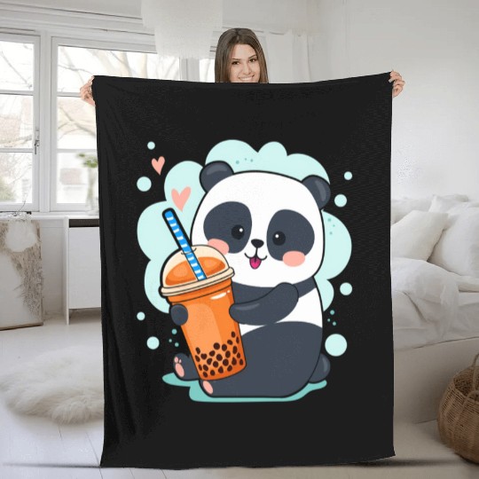 Kawaii Panda Anime Boba Drink Bubble Tea Tapioca Fleece Blankets