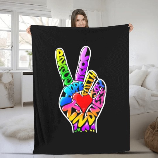 Peace Love Hope Joy Faith Kindness Word Art by Tan Fleece Blankets