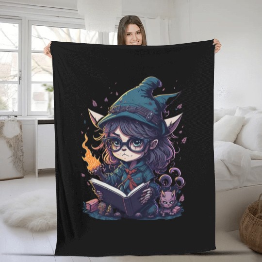 Cat reading book Fleece Blankets