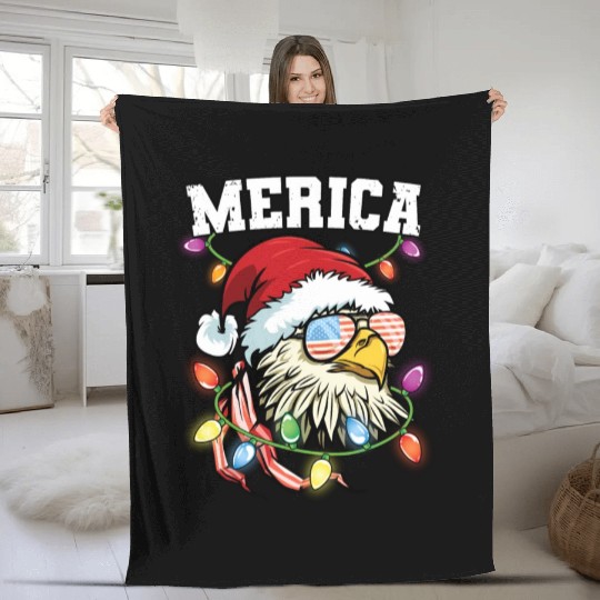 Merica Usa Flag Patriotic Veteran Santa Bald Eagle Fleece Blankets