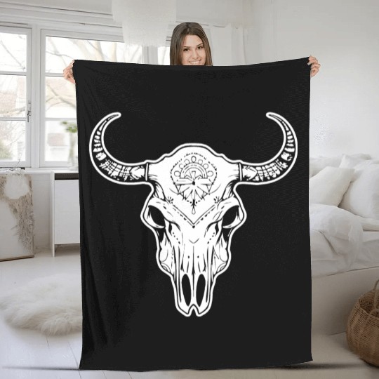 Cow Skull Boho Fleece Blankets