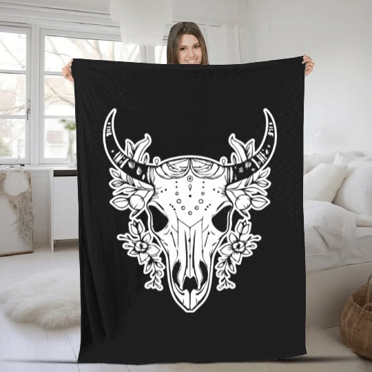 Cow Skull Boho Fleece Blankets