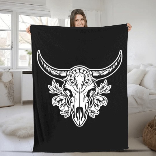 Cow Skull Boho Fleece Blankets