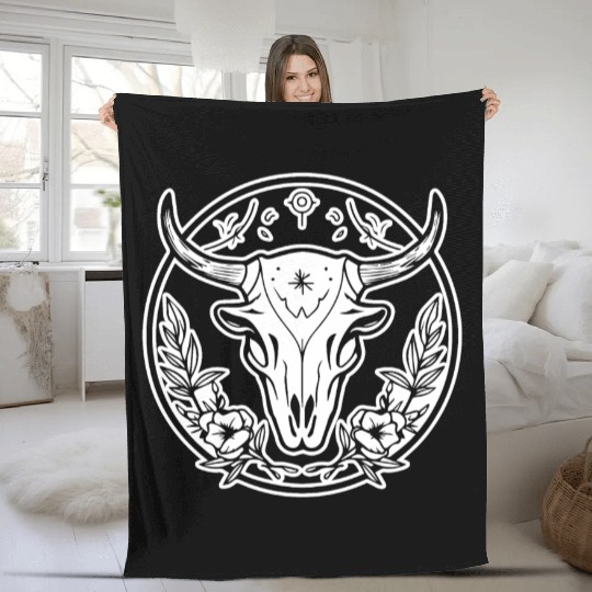 Cow Skull Boho Fleece Blankets