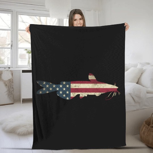 Catfish American Flag Catfishing Patriotic Fisher Fleece Blankets