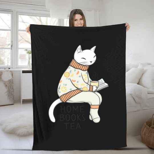 White Cat Having A Great Time At Home Fleece Blankets