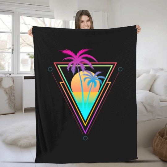 1980S 1990S Vaporwave Palm Trees Sunset Beach Surf Fleece Blankets