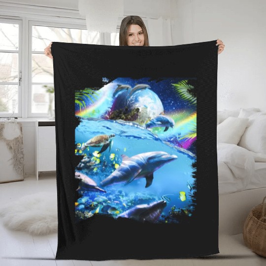 Galaxy Dolphin Dolphins In Space Fleece Blankets