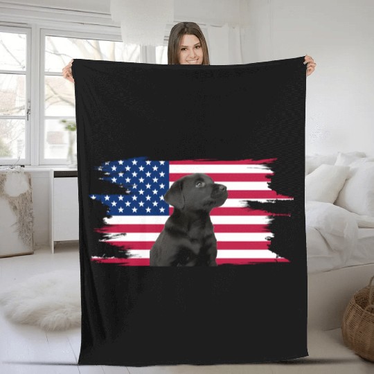 American Flag Dog Black Lab Puppy Fleece Blankets