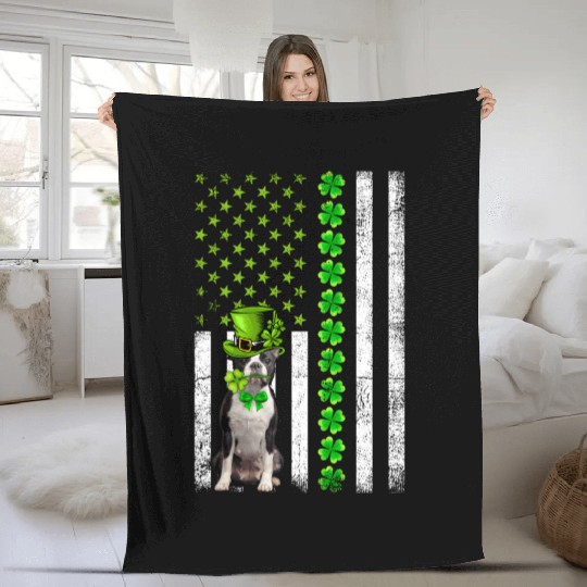 American Flag Boston Terrier Dog St Patric Day Fleece Blankets
