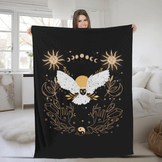 Dark Academia Tarot Card Sun Moon Crystals Owl Fleece Blankets