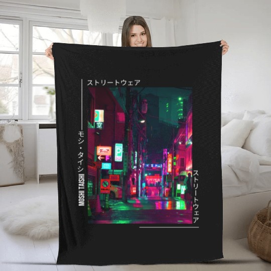 Japanese Cyberpunk Tokyo Streetwear Aesthetic Fleece Blankets
