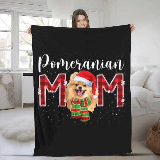 Pomeranian Mom Santa Scarf Plaid Dog Mom Fleece Blankets