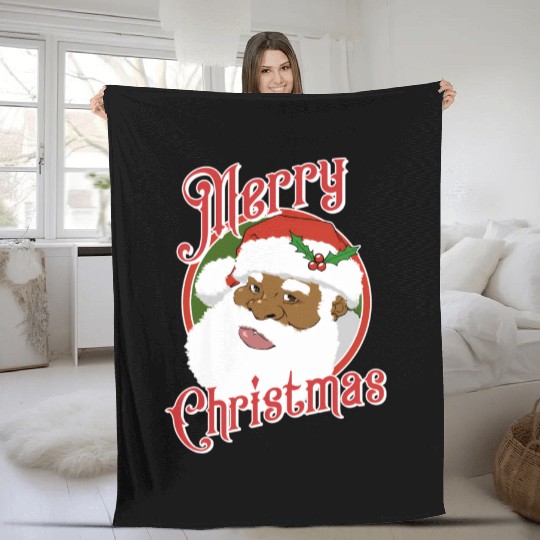 Black Merry African American Santa Claus Fleece Blankets