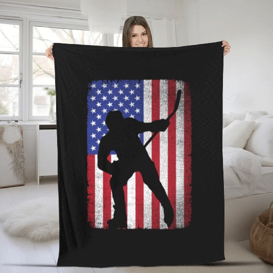 Patriotic Ice Hockey 4th of July USA American Flag Fleece Blankets