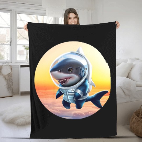 Shark astronaut at sunset Fleece Blankets