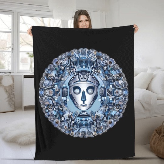 Aztec robot face and mechanical mandala Fleece Blankets