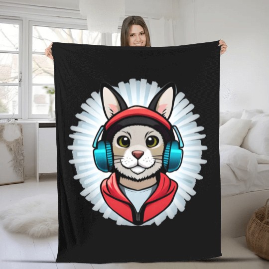 cute rabbit with headphones black Fleece Blankets