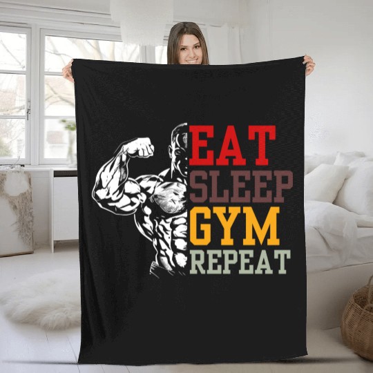 Eat sleep gym repeat Fleece Blankets