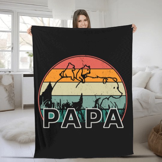 Papa Bear With Cubs Retro Grizzly Bear Forest Tree Fleece Blankets