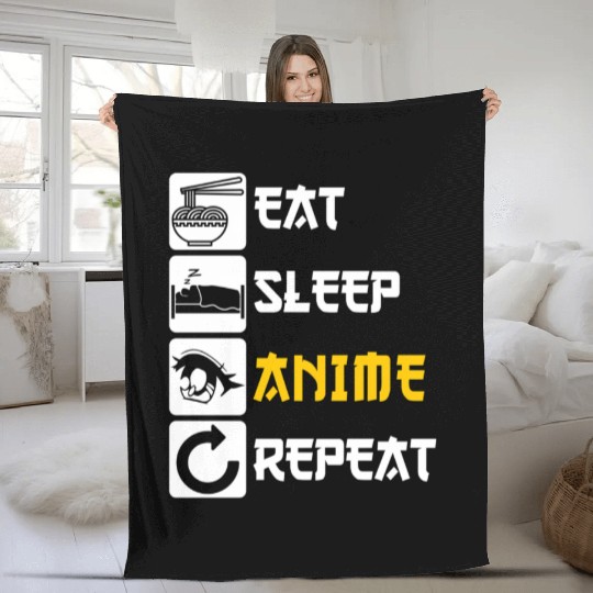 Eat Sleep Anime Repeat Manga Japan Saying Cosplay Fleece Blankets