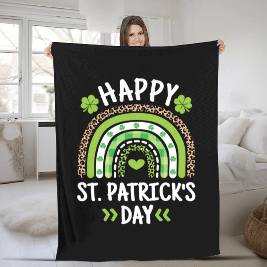 Happy St Patric Day Leopard Print Rainbow Fleece Blankets