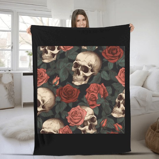 Dark Elegant Gothic Skulls & Red Roses Pattern Fleece Blankets