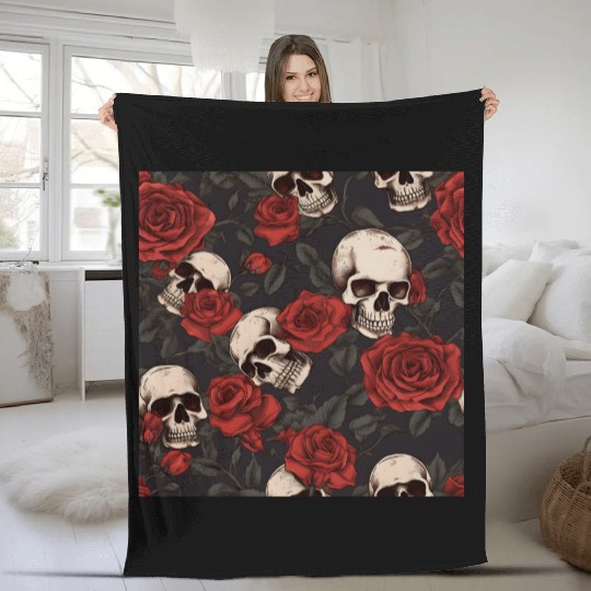 Skulls & Red Roses Dark Gothic Elegant Pattern Fleece Blankets