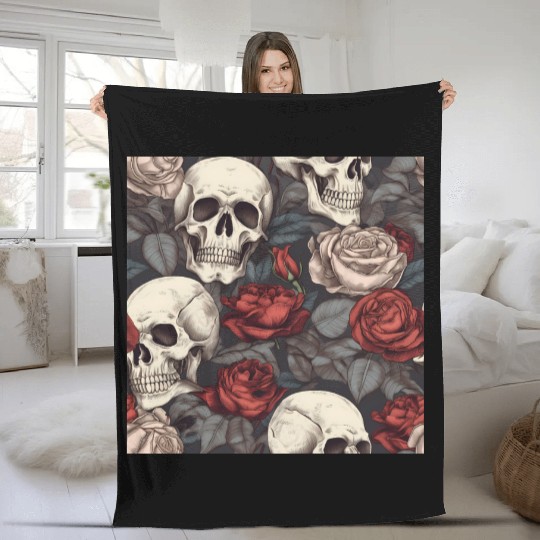 Skulls & Red Roses Dark Elegant Gothic Pattern Fleece Blankets
