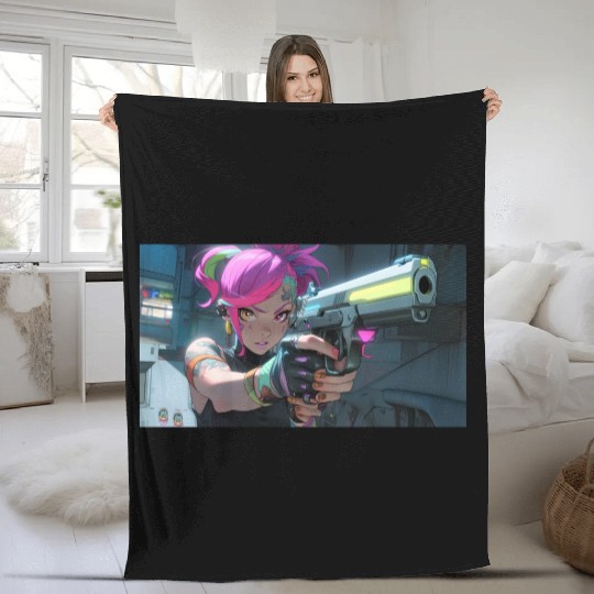 Cyber Sakura: Neon Guardian Fleece Blankets