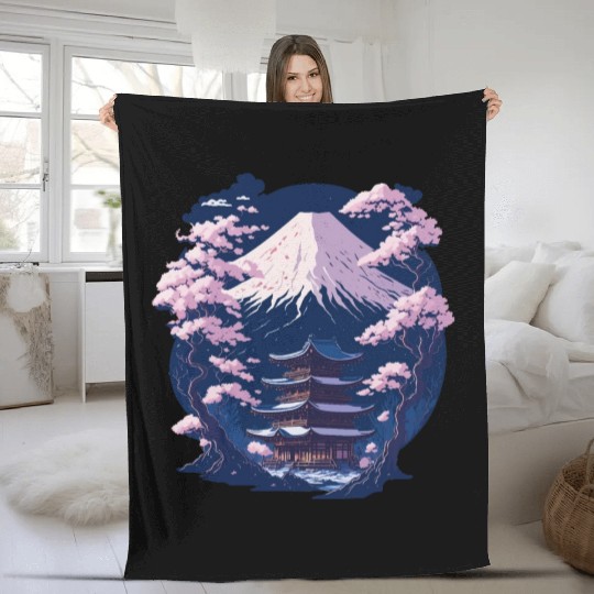 Mount Fuji and a Temple With Cherry Blossoms Fleece Blankets