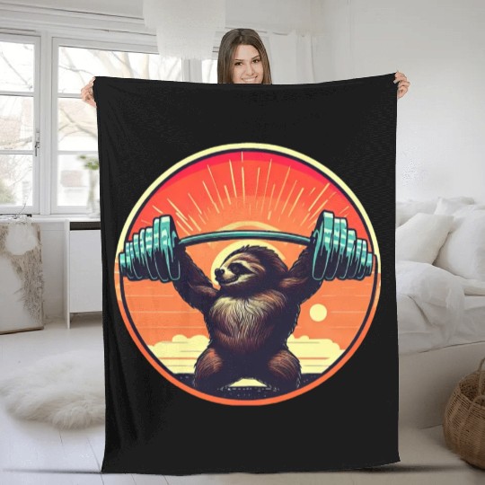 Sloth Dumbbells Fitness Sunset Fleece Blankets