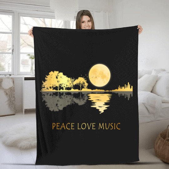 Peace Love Music Guitar Lake Shadow Hippie Fleece Blankets