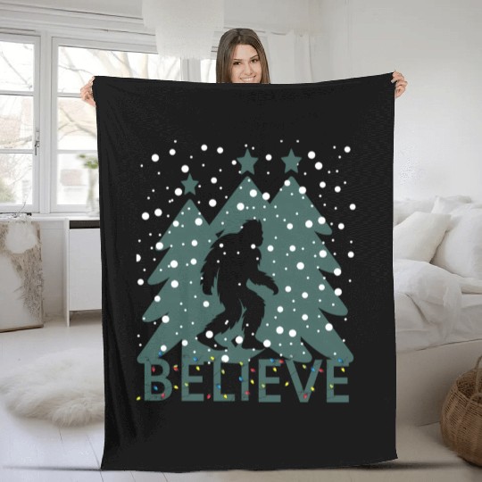 Believe In Bigfoot Lights Sasquatch Fleece Blankets