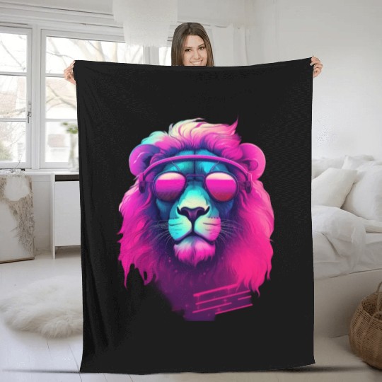 Synthwave Sun King Lion s Neon Shades Fleece Blankets