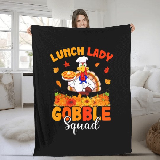 Funny Lunch Lady Autumn Turkey Gobble Happy Fleece Blankets