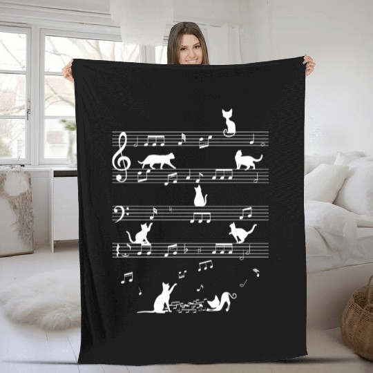 Cat Playing Music Note Clef Musician Fleece Blankets