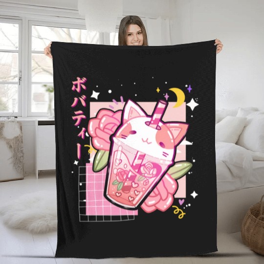 Boba Tea Cat Bubble Tea Kawaii Anime Japanese Fleece Blankets