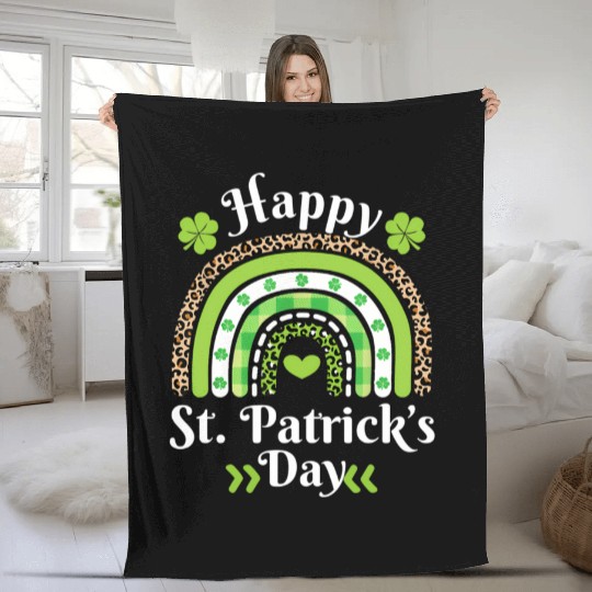Happy St Patric Day Leopard Print Rainbow Fleece Blankets