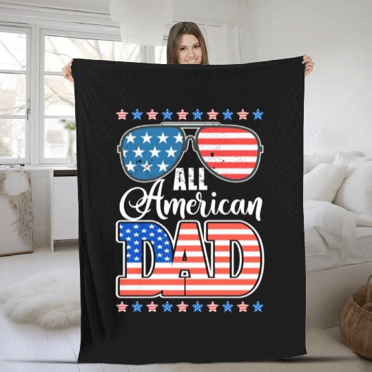 All American Dad Usa Sunglasses Flag Father's Day Fleece Blankets